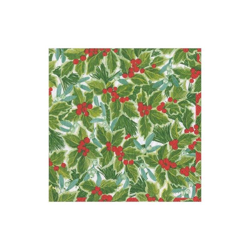 caspari Holly and Mistletoe Paper Cocktail Napkins - 20 Per Package