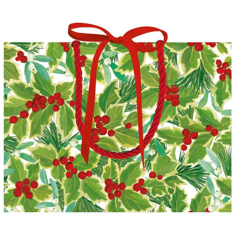 Caspari Holly And Mistletoe Small Gift Bag In White - 1 Each
