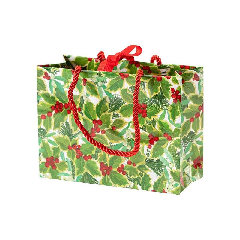 caspari Holly and Mistletoe Small Gift Bag in White - 1 Each