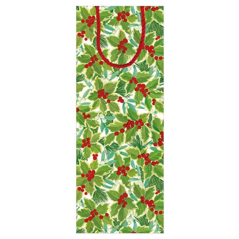 Caspari Holly And Mistletoe Wine & Bottle Gift Bag In White - 1 Each