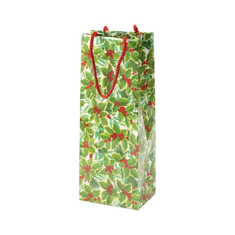caspari Holly and Mistletoe Wine & Bottle Gift Bag in White - 1 Each