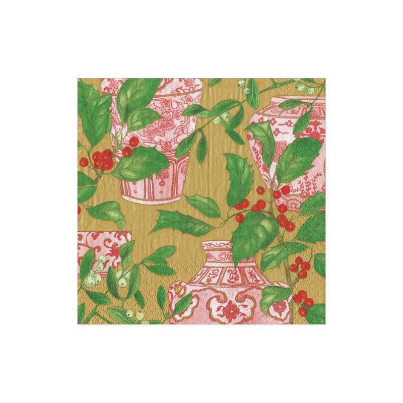 Caspari Holly And Porcelain Paper Cocktail Napkins - 20 Per Package