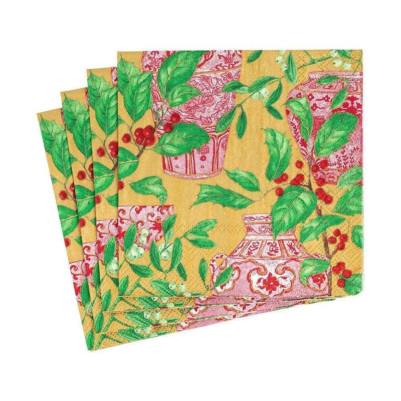 caspari Holly and Porcelain Paper Cocktail Napkins - 20 Per Package