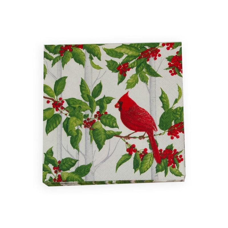 Caspari Holly And Songbirds White & Silver Cocktail Napkins - 20 Per Package