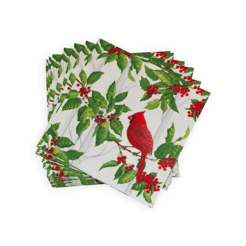 Caspari Holly And Songbirds White & Silver Cocktail Napkins - 20 Per Package