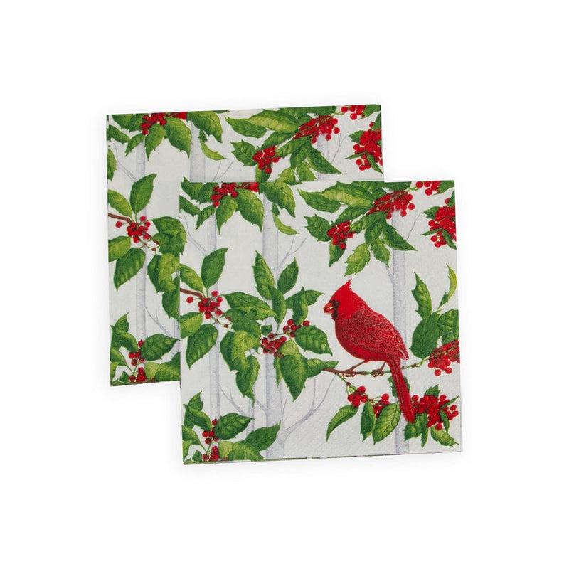 Caspari Holly And Songbirds White & Silver Cocktail Napkins - 20 Per Package