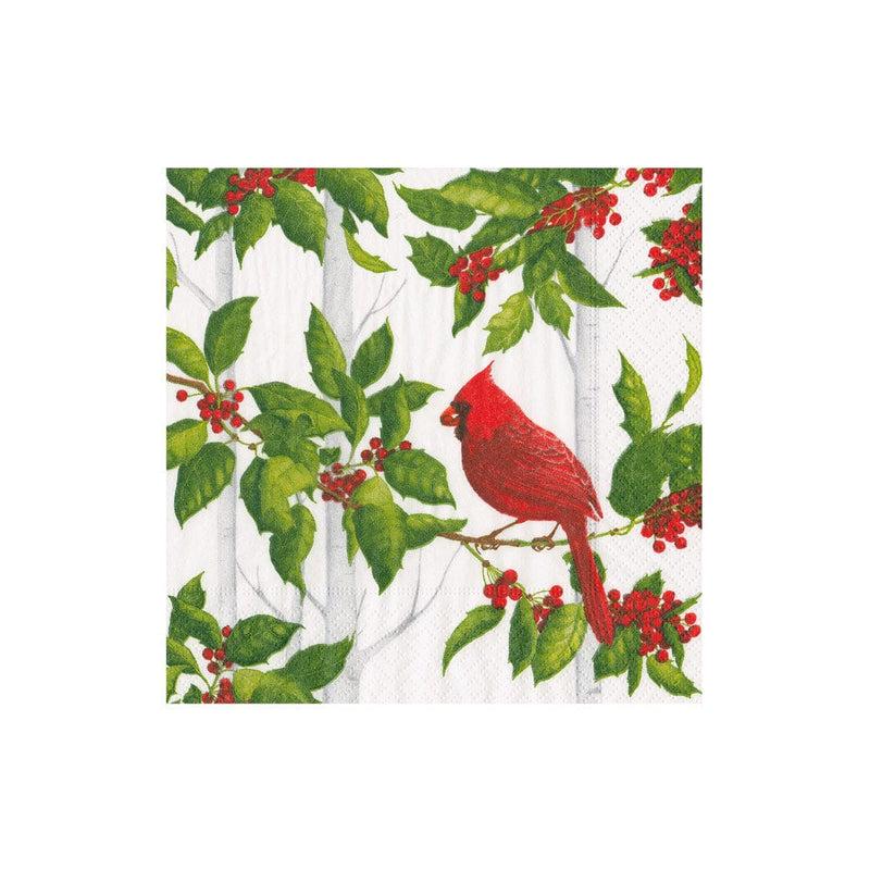 caspari Holly And Songbirds White & Silver Cocktail Napkins - 20 Per Package