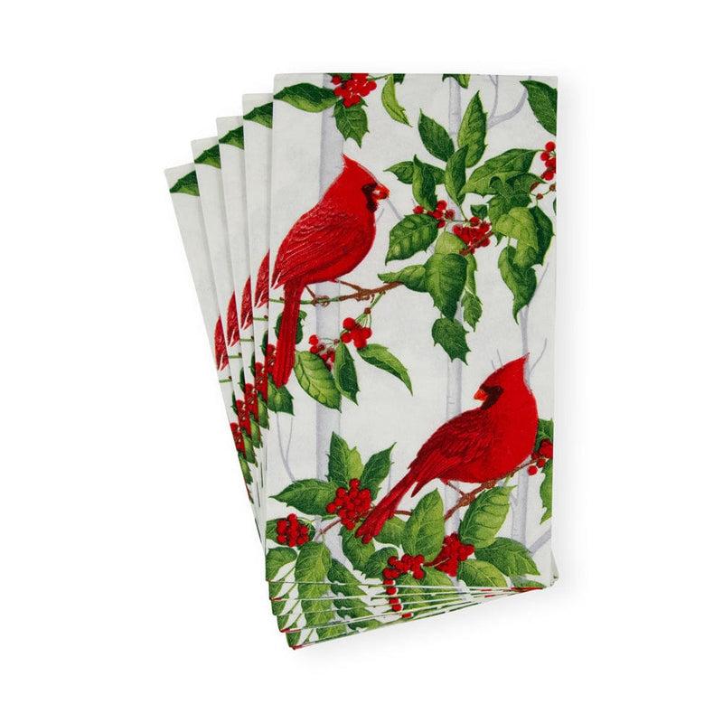 Caspari Holly And Songbirds White & Silver Guest Towel Napkins - 15 Per Package