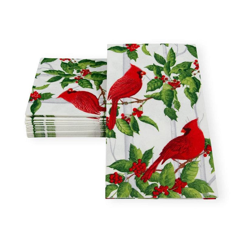 Caspari Holly And Songbirds White & Silver Guest Towel Napkins - 15 Per Package