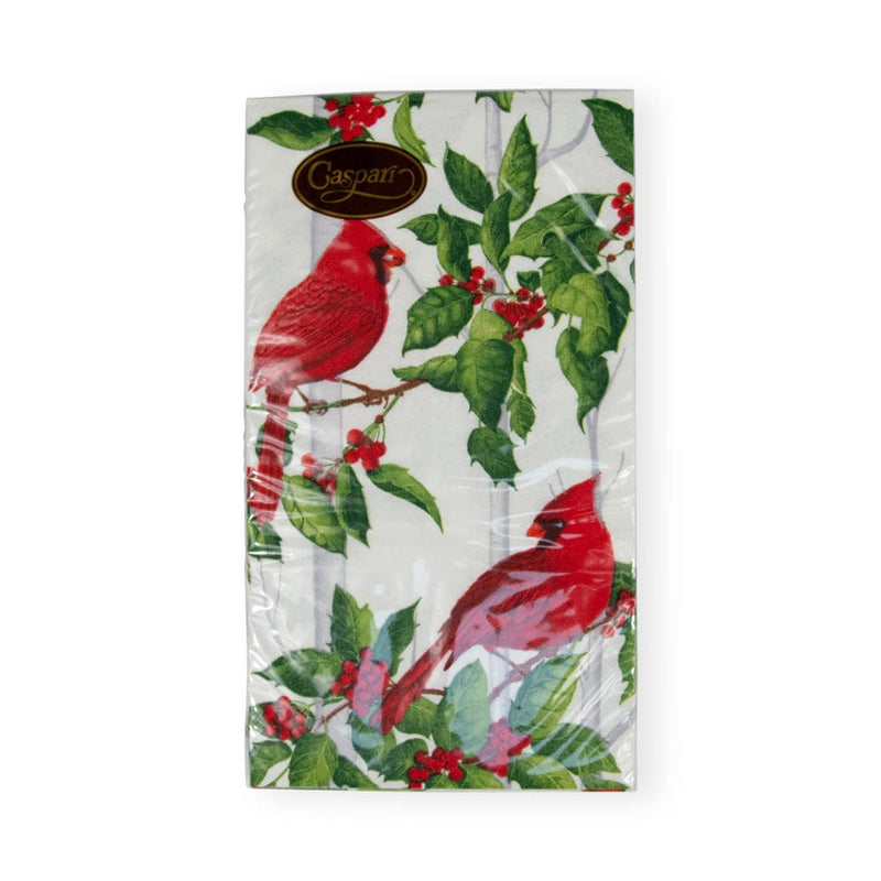 Caspari Holly And Songbirds White & Silver Guest Towel Napkins - 15 Per Package