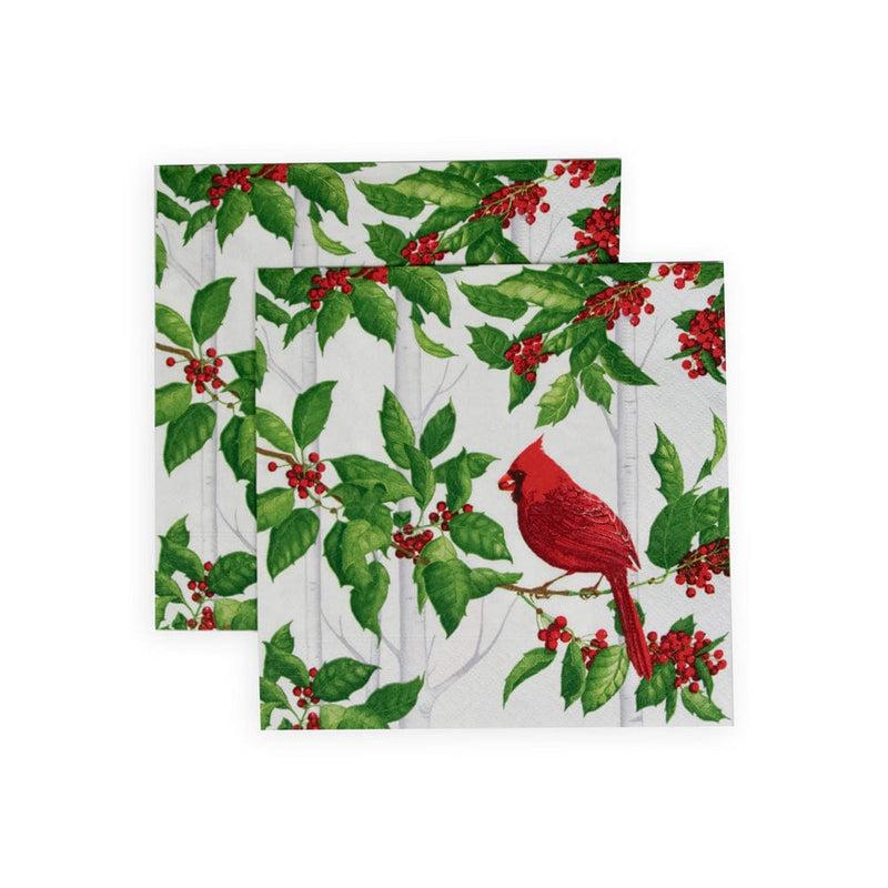 Caspari Holly And Songbirds White & Silver Luncheon Napkins - 20 Per Package