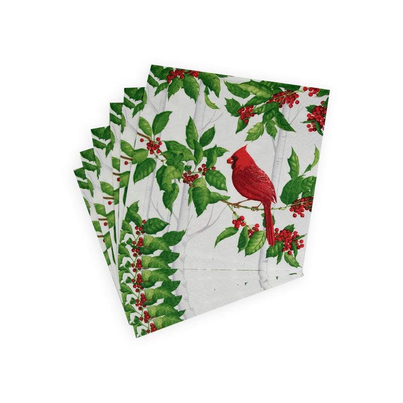 Caspari Holly And Songbirds White & Silver Luncheon Napkins - 20 Per Package