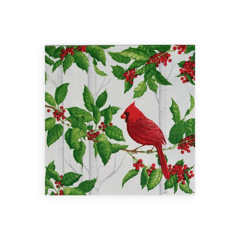 caspari Holly And Songbirds White & Silver Luncheon Napkins - 20 Per Package