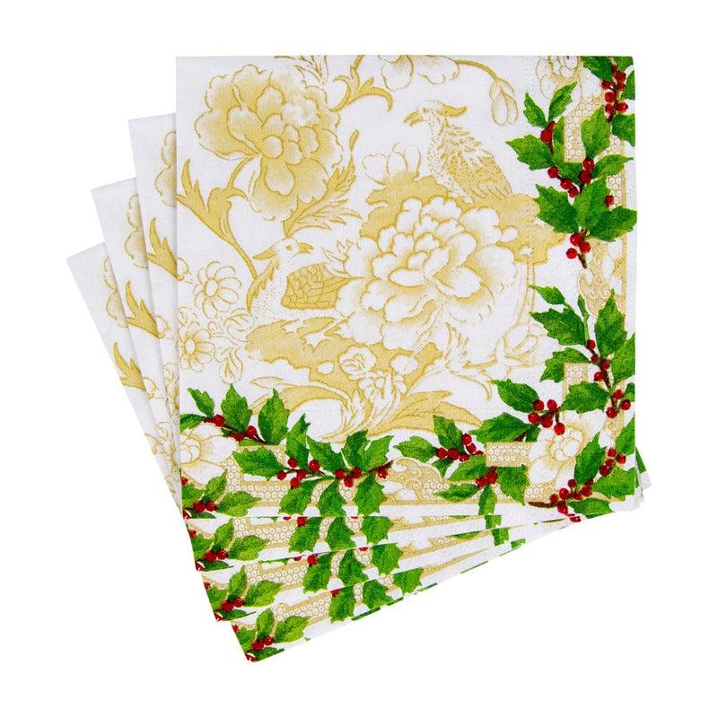 Caspari Holly Ceramic Ivory & Gold Cocktail Napkins - 20 Per Package