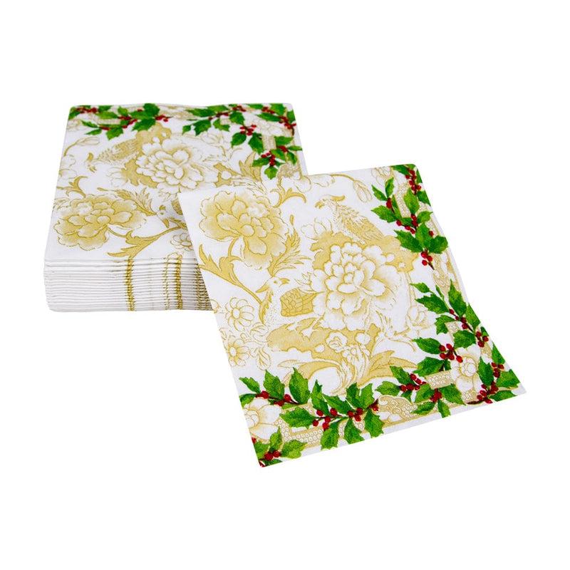 Caspari Holly Ceramic Ivory & Gold Cocktail Napkins - 20 Per Package