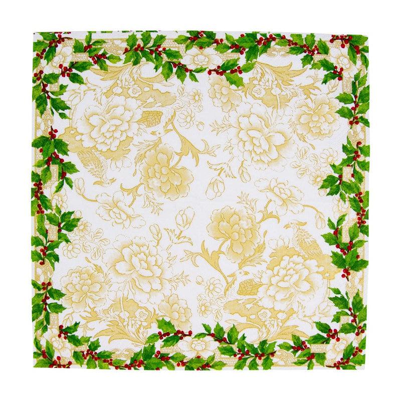 Caspari Holly Ceramic Ivory & Gold Cocktail Napkins - 20 Per Package