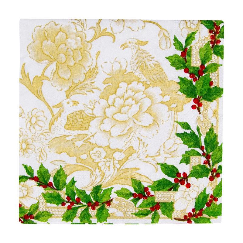 caspari Holly Ceramic Ivory & Gold Cocktail Napkins - 20 Per Package