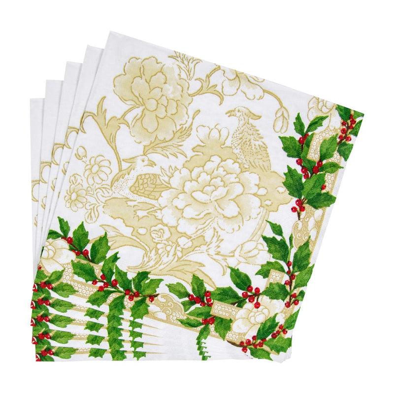 Caspari Holly Ceramic Ivory & Gold Dinner Napkins - 20 Per Package