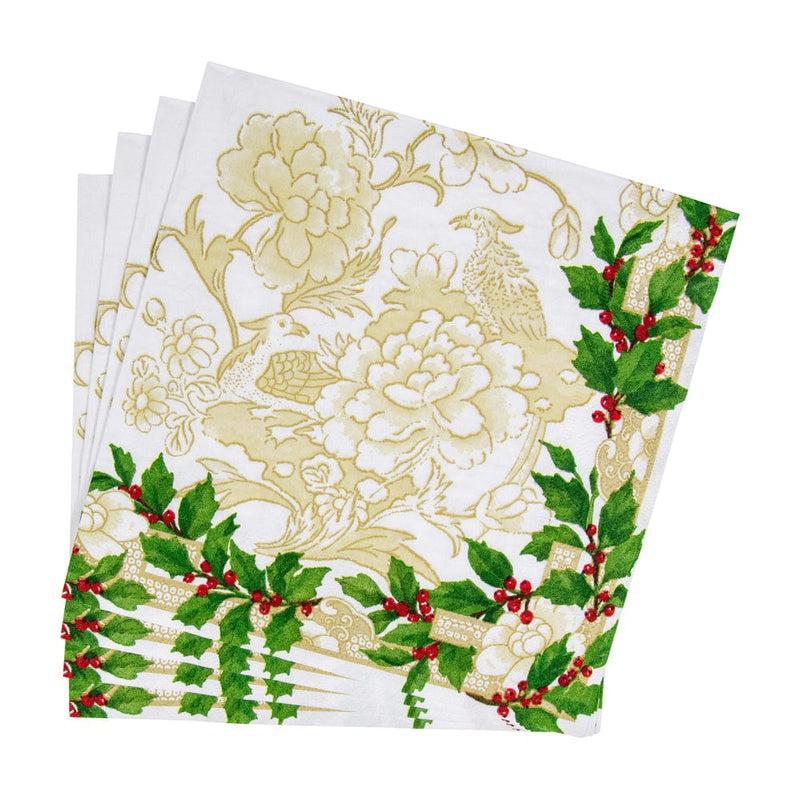 Caspari Holly Ceramic Ivory & Gold Dinner Napkins - 20 Per Package