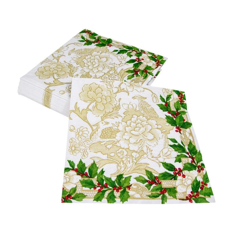 Caspari Holly Ceramic Ivory & Gold Dinner Napkins - 20 Per Package
