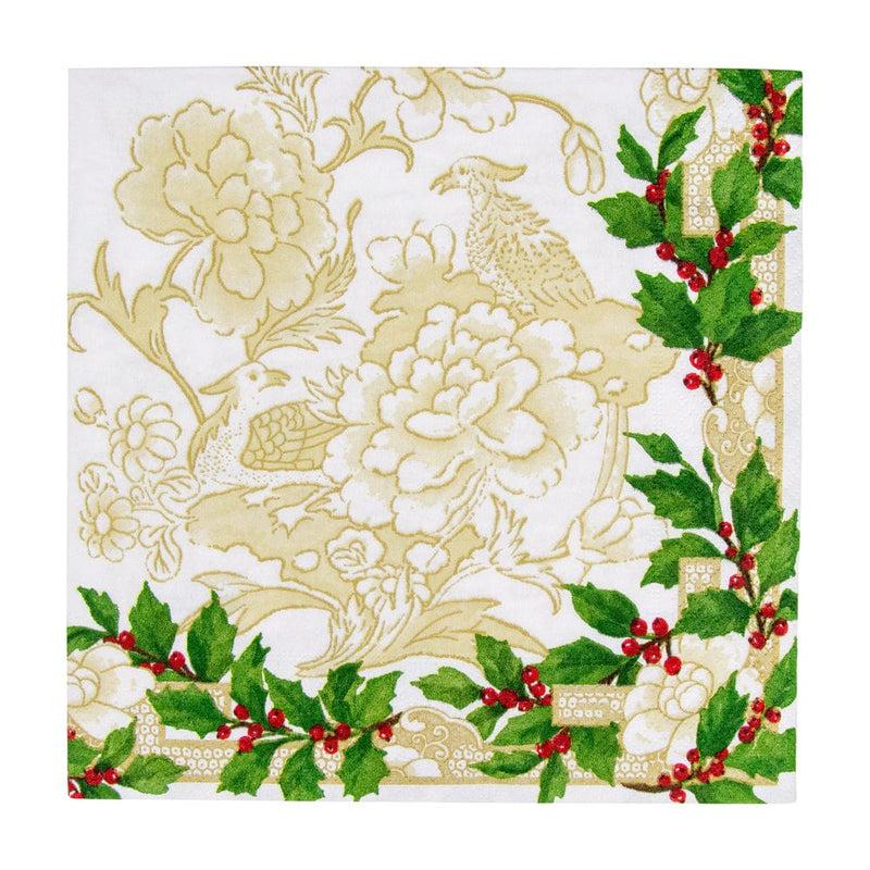 caspari Holly Ceramic Ivory & Gold Dinner Napkins - 20 Per Package