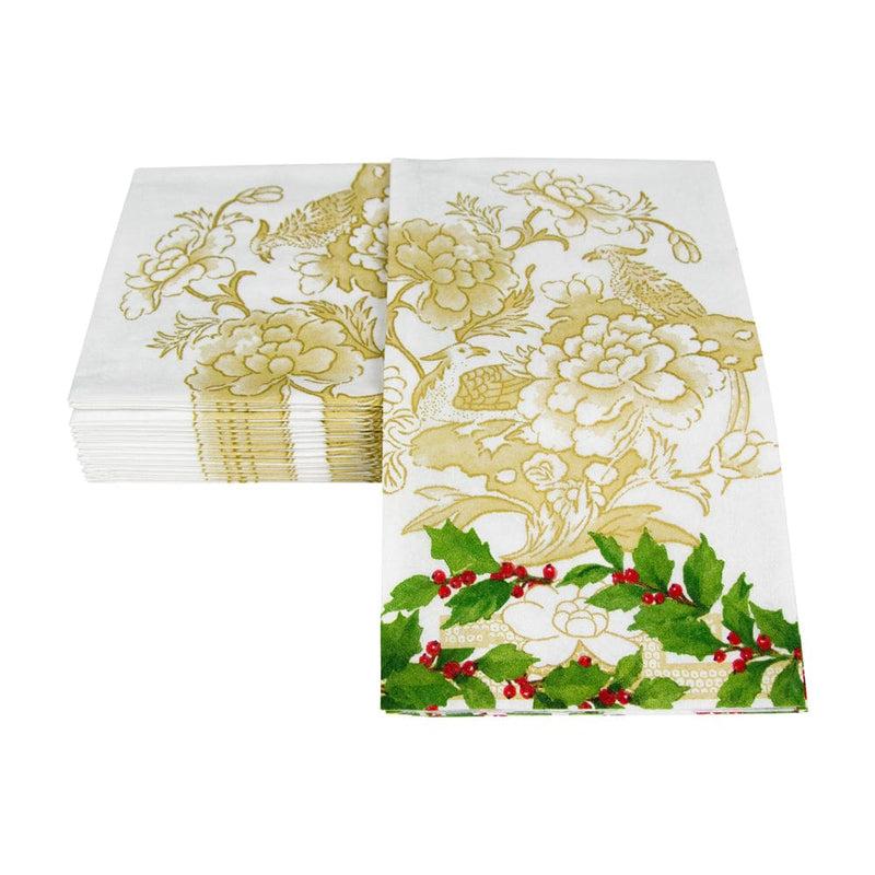 Caspari Holly Ceramic Ivory & Gold Guest Towel Napkins - 15 Per Package