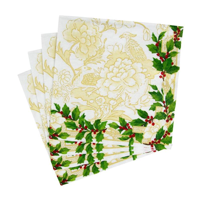 Caspari Holly Ceramic Ivory & Gold Luncheon Napkins - 20 Per Package