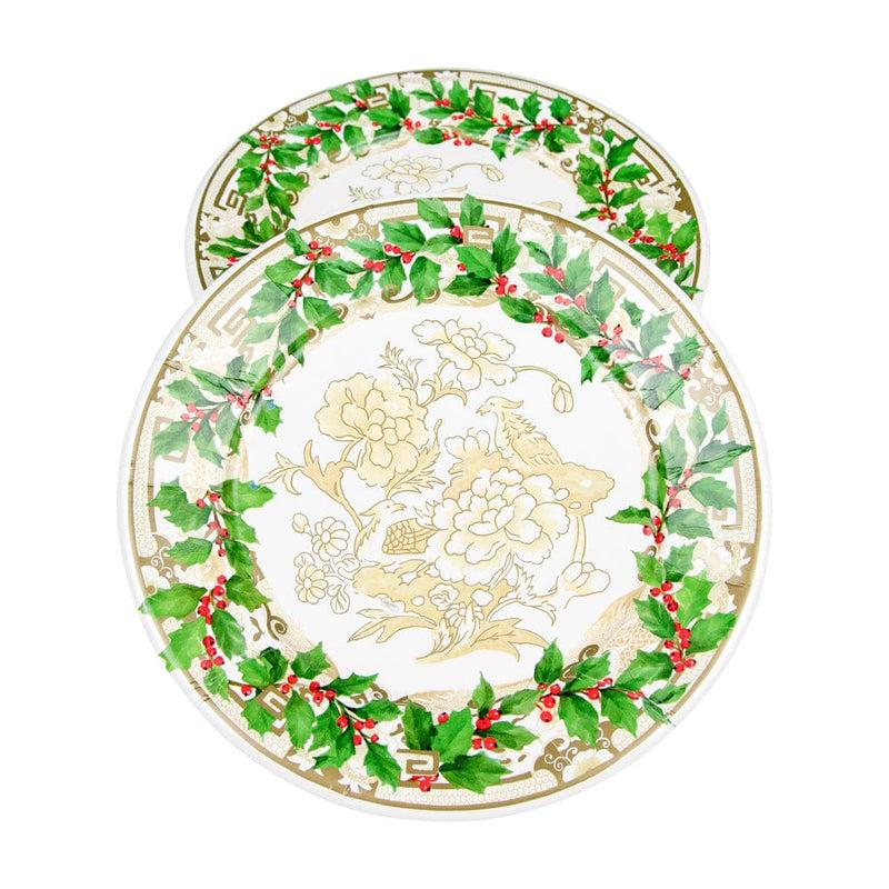 Caspari Holly Ceramic Ivory & Gold Paper Dinner Plates - 8 Per Package