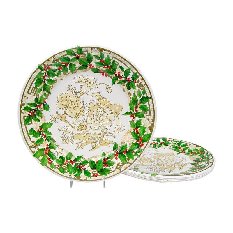 Caspari Holly Ceramic Ivory & Gold Paper Dinner Plates - 8 Per Package