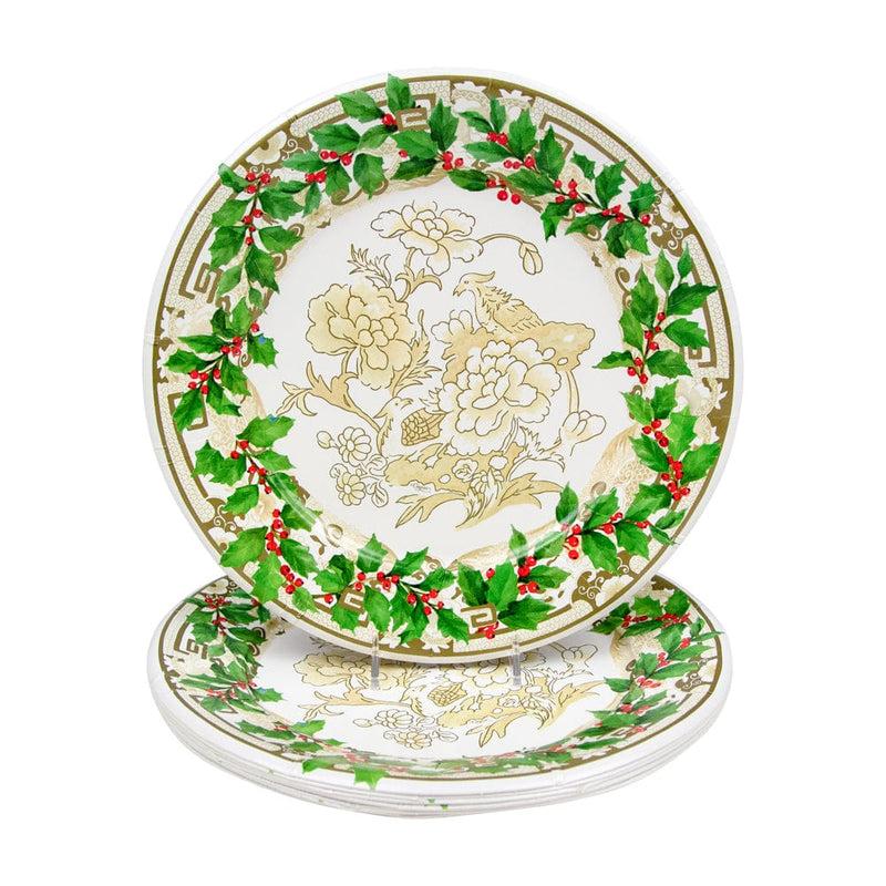 Caspari Holly Ceramic Ivory & Gold Paper Dinner Plates - 8 Per Package