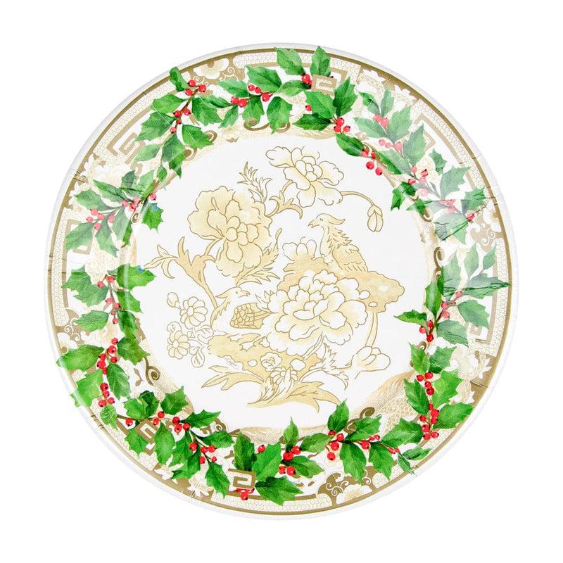 caspari Holly Ceramic Ivory & Gold Paper Dinner Plates - 8 Per Package