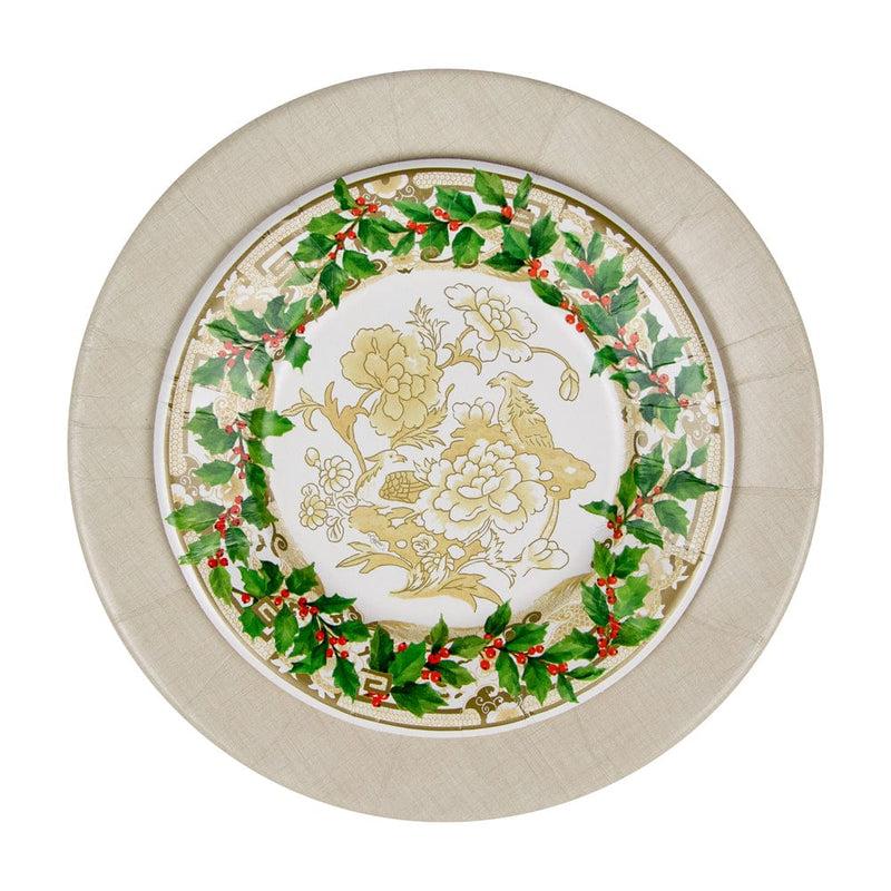 Caspari Holly Ceramic Ivory & Gold Paper Salad & Dessert Plates - 8 Per Package