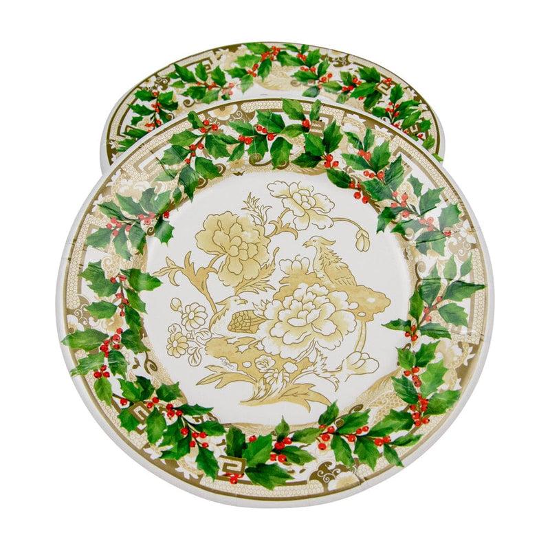Caspari Holly Ceramic Ivory & Gold Paper Salad & Dessert Plates - 8 Per Package