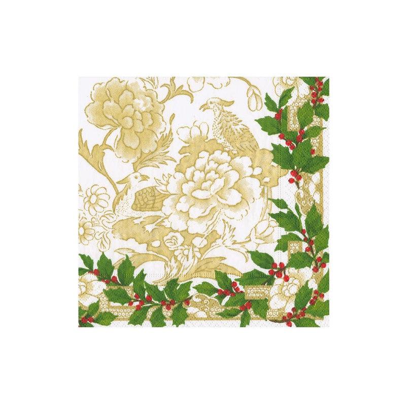 caspari Holly Ceramic Ivory & Green Boxed Cocktail Napkins - 40 Per Box