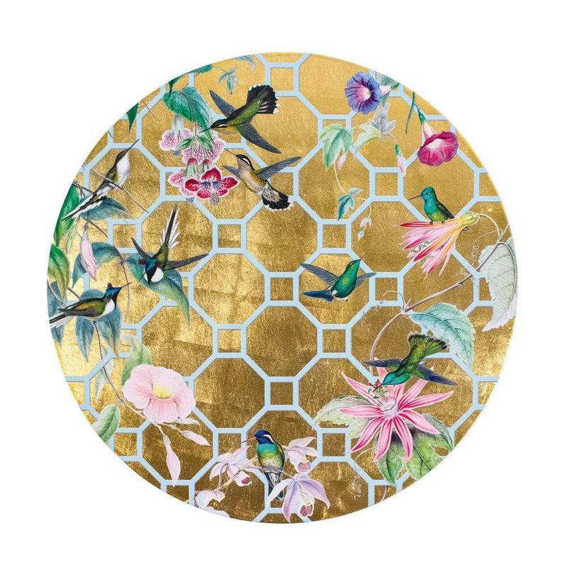 caspari Hummingbird Trellis Round Lacquer Placemat in Gold - 1 Each