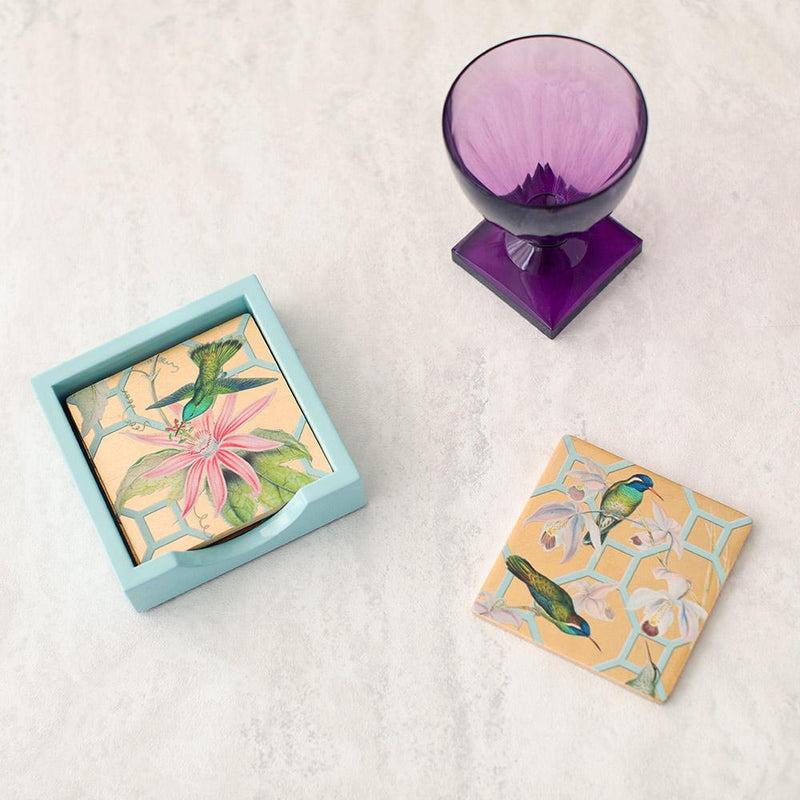 Caspari Hummingbird Trellis Square Lacquer Coasters In Holder - Set Of 4