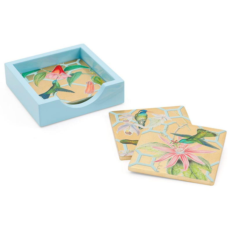 caspari Hummingbird Trellis Square Lacquer Coasters in Holder - Set of 4