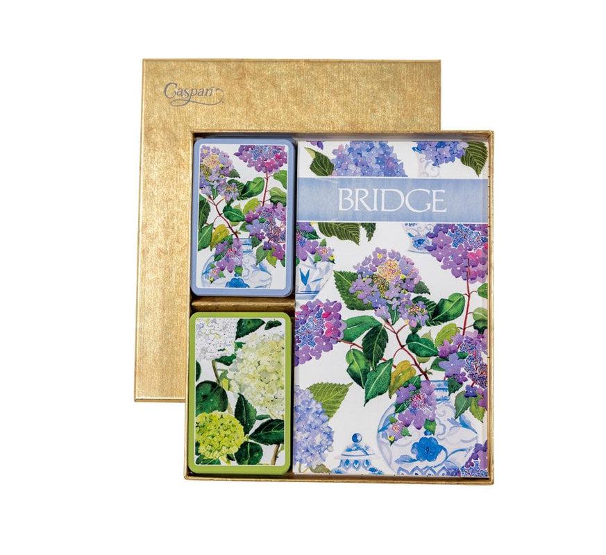 Caspari Hydrangeas And Porcelain Bridge Gift Set - 2 Playing Card Decks & 2 Score Pads