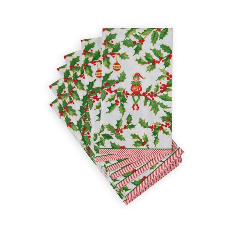 Caspari Jingle Elves Guest Towel Napkins - 15 Per Package
