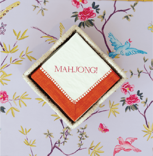 Caspari Mahjong Paper Cocktail Napkins - Linen Border In Coral