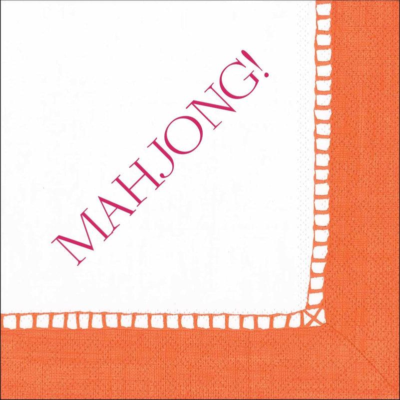 Caspari Mahjong Paper Cocktail Napkins - Linen Border In Coral