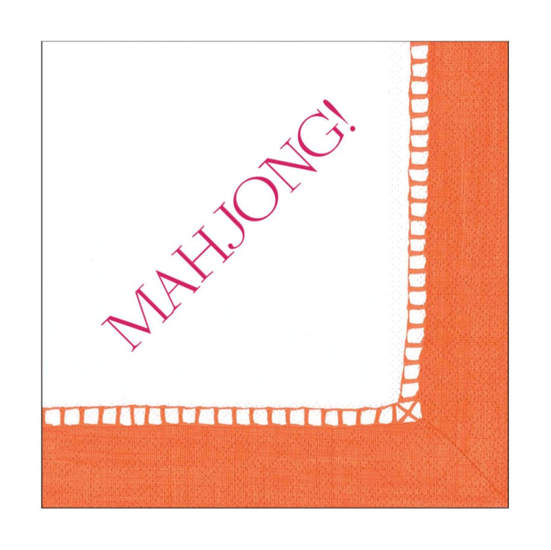 caspari Mahjong Paper Cocktail Napkins - Linen Border in Coral