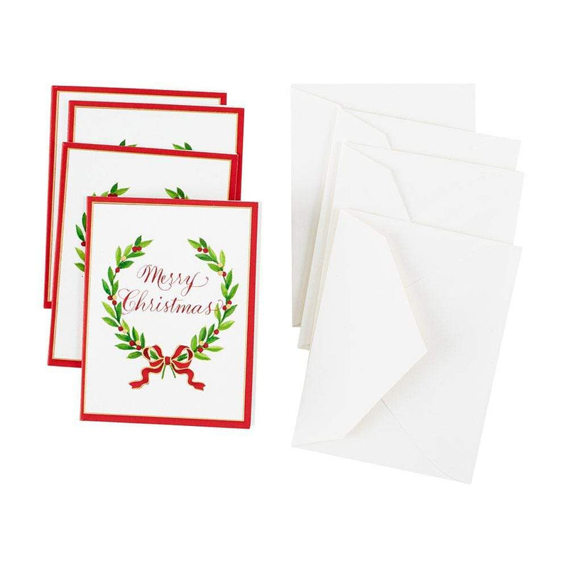 Caspari Merry Christmas Laurel Wreath Gift Enclosure Cards In Gold Foil - 4 Mini Cards & 4 Envelopes