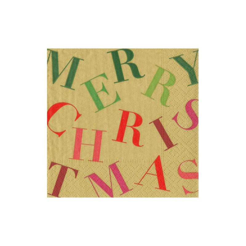 Caspari Merry Christmas Toss Paper Cocktail Napkins In Gold - 20 Per Package