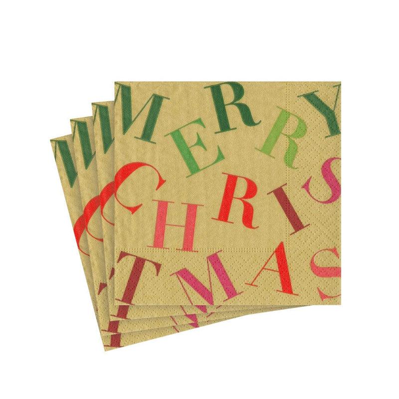 caspari Merry Christmas Toss Paper Cocktail Napkins in Gold - 20 Per Package