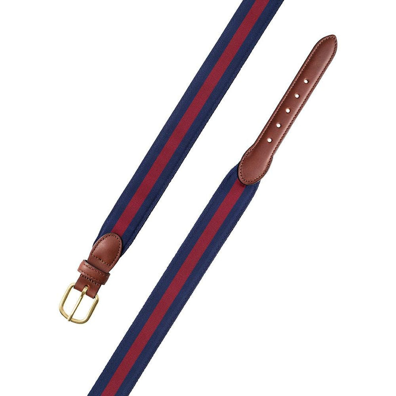 Caspari Navy & Burgundy Stripe Grosgrain Belt With Brown Leather