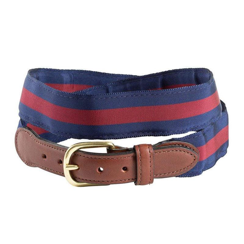 caspari Navy & Burgundy Stripe Grosgrain Belt with Brown Leather