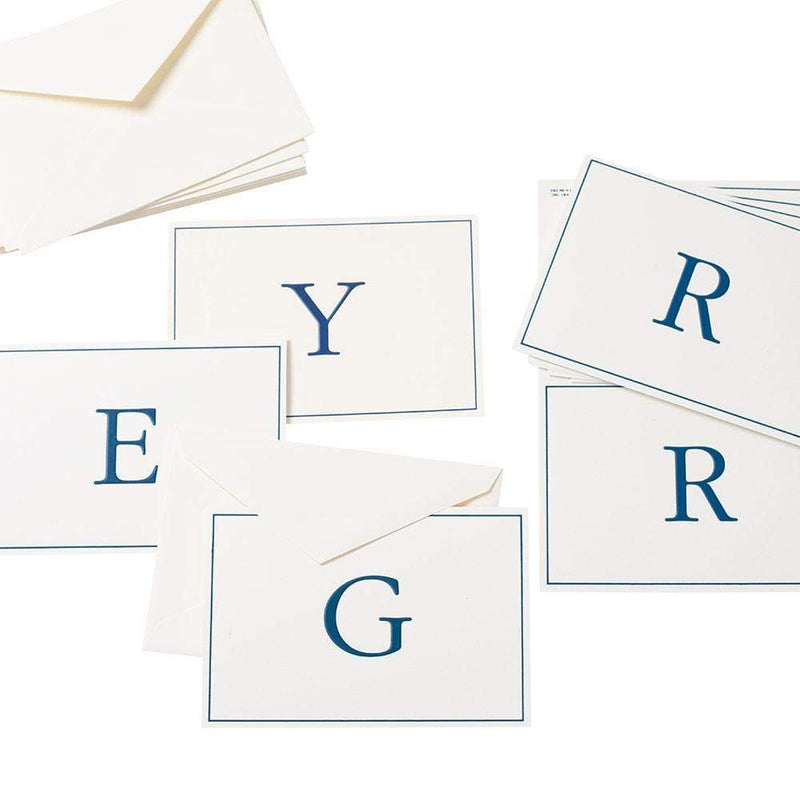 caspari Navy Embossed Single Initial Boxed Note Cards - 8 Note Cards & 8 Envelopes