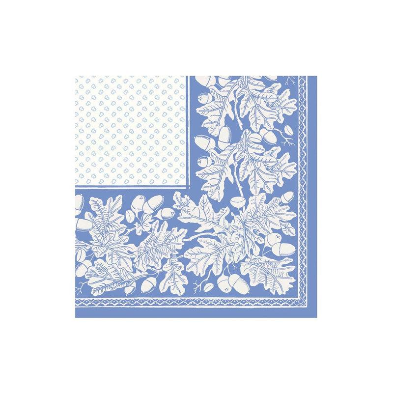 Caspari Oak Leaves & Acorns Paper Linen Cocktail Napkins In French Blue & White - 15 Per Package