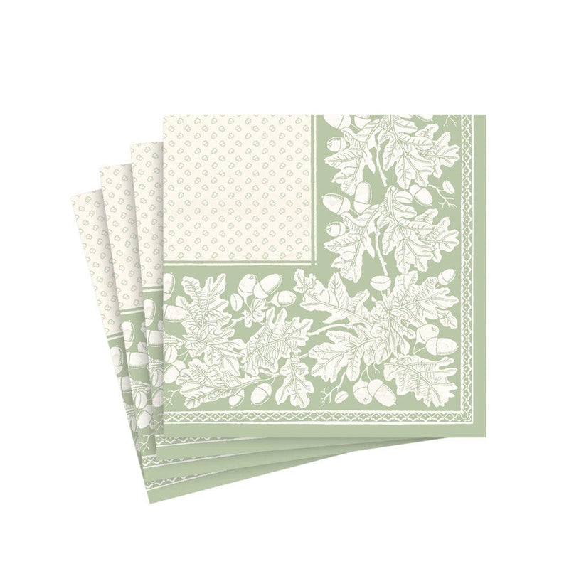 Caspari Oak Leaves & Acorns Paper Linen Cocktail Napkins In Sage Green & Ivory - 15 Per Package